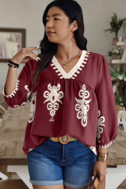 Plus V Neck Geo Print Puff Sleeve Blouse