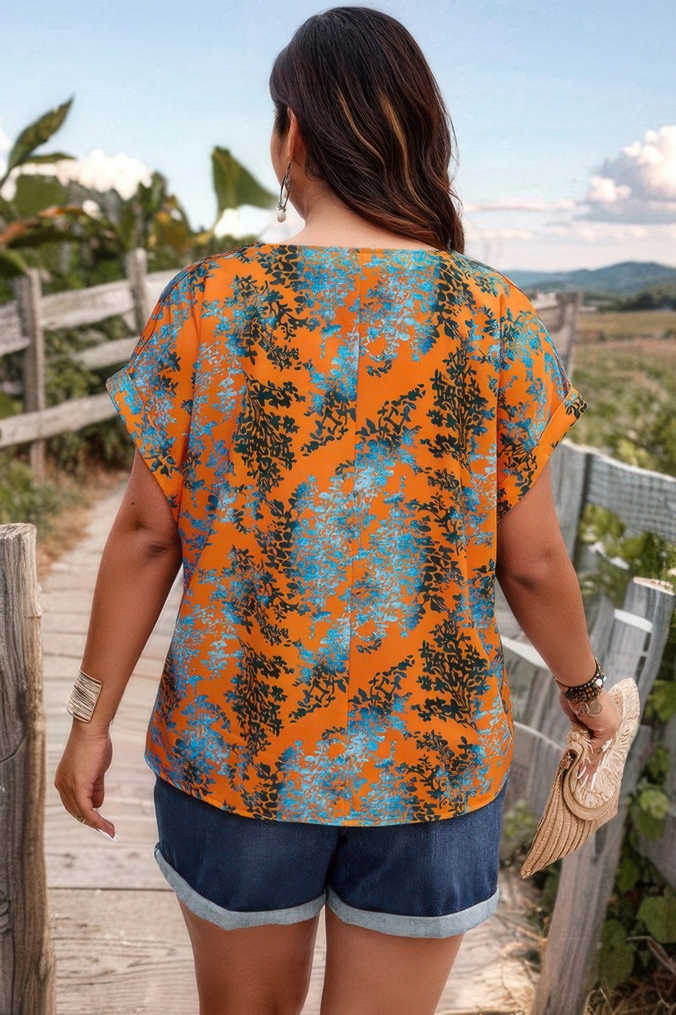 Plus Floral V Neck Batwing Sleeve Loose Shirt