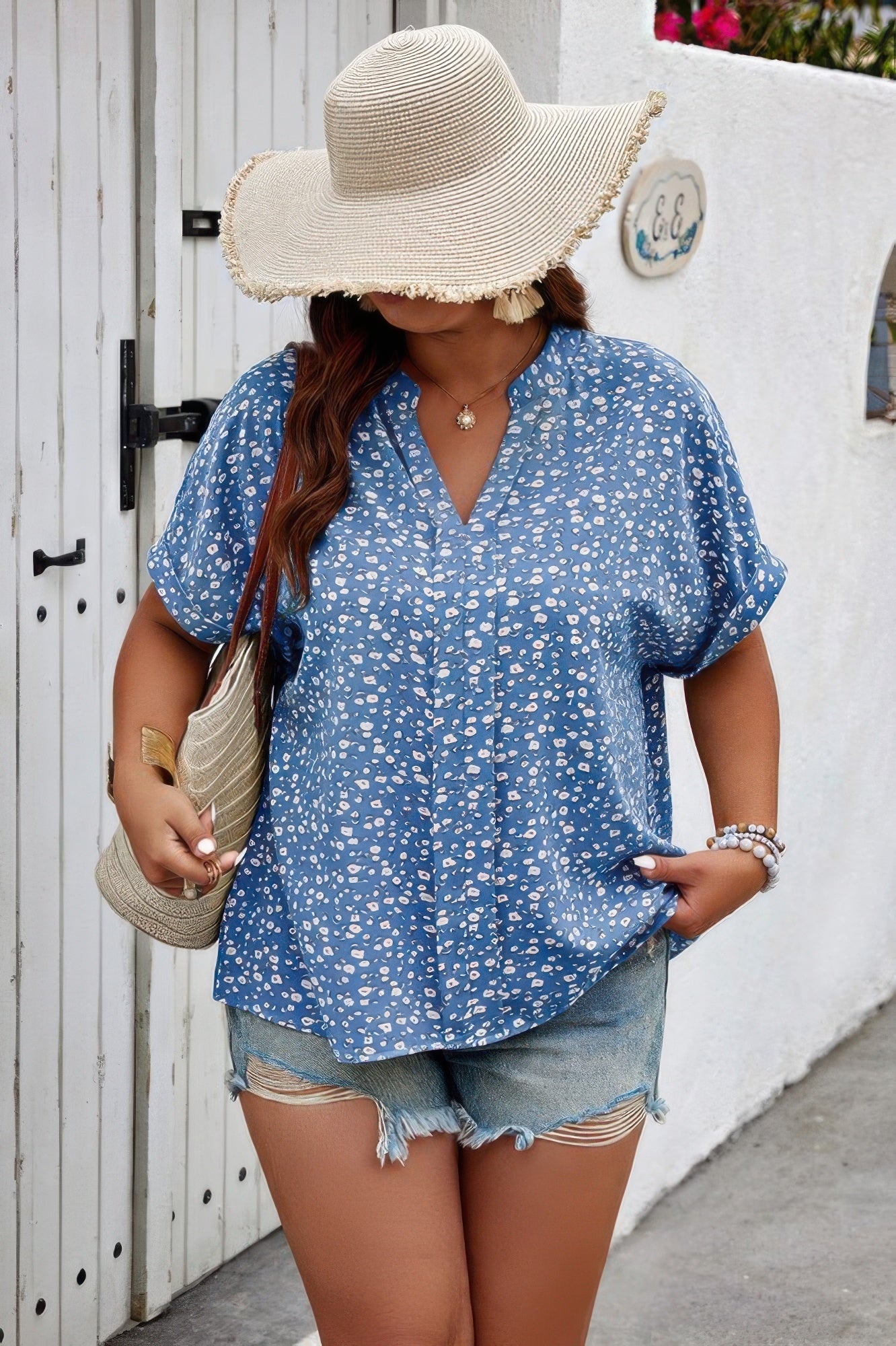 Plus Size Floral Print V Neck Short Sleeve Blouse