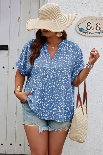 Plus Size Floral Print V Neck Short Sleeve Blouse