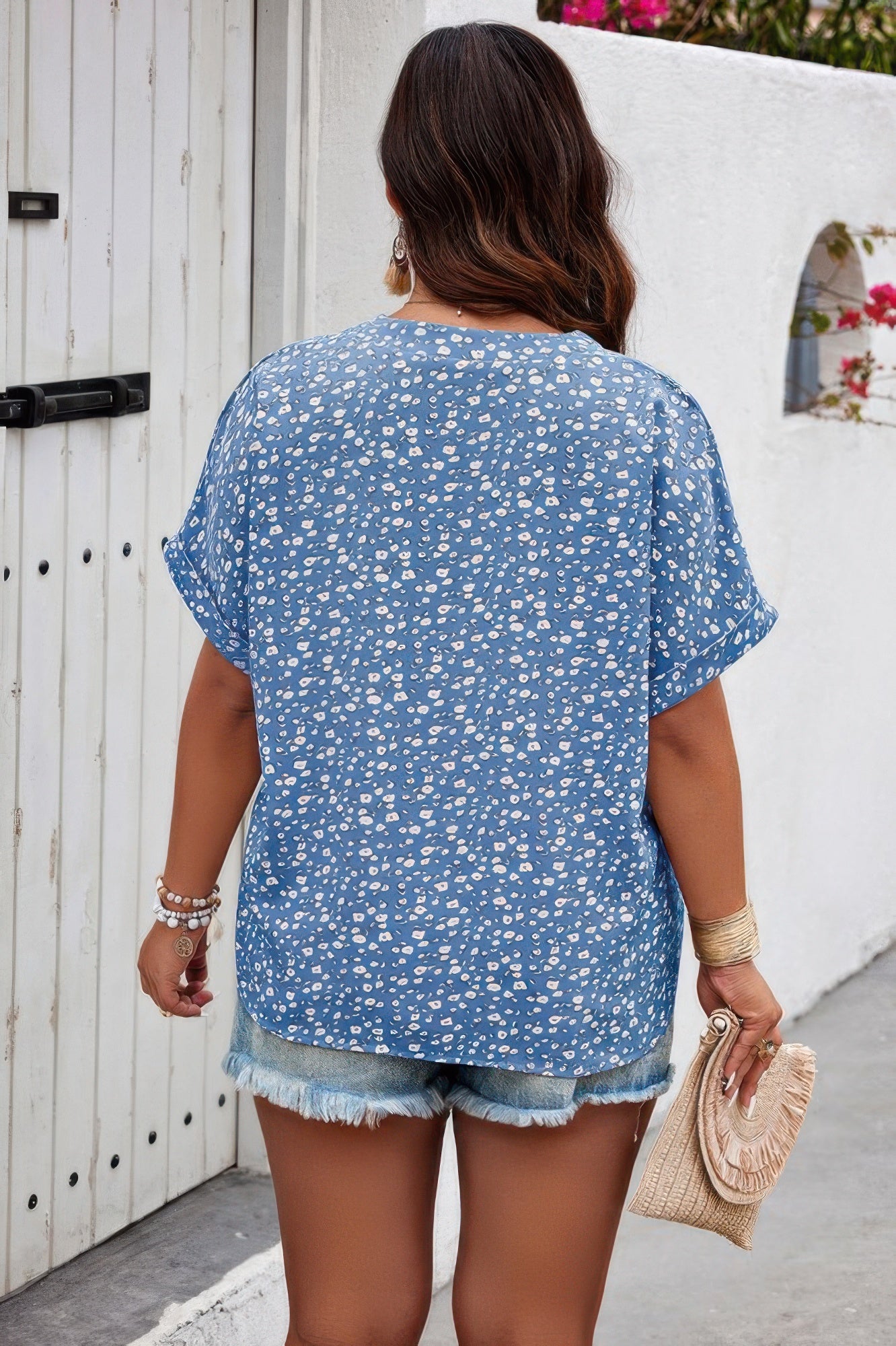 Plus Size Floral Print V Neck Short Sleeve Blouse