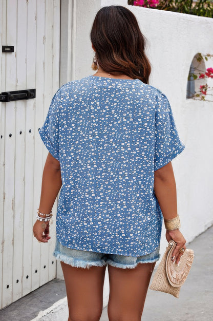 Plus Size Floral Print V Neck Short Sleeve Blouse