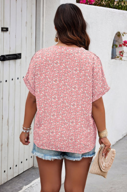 Plus Size Floral Print V Neck Short Sleeve Blouse