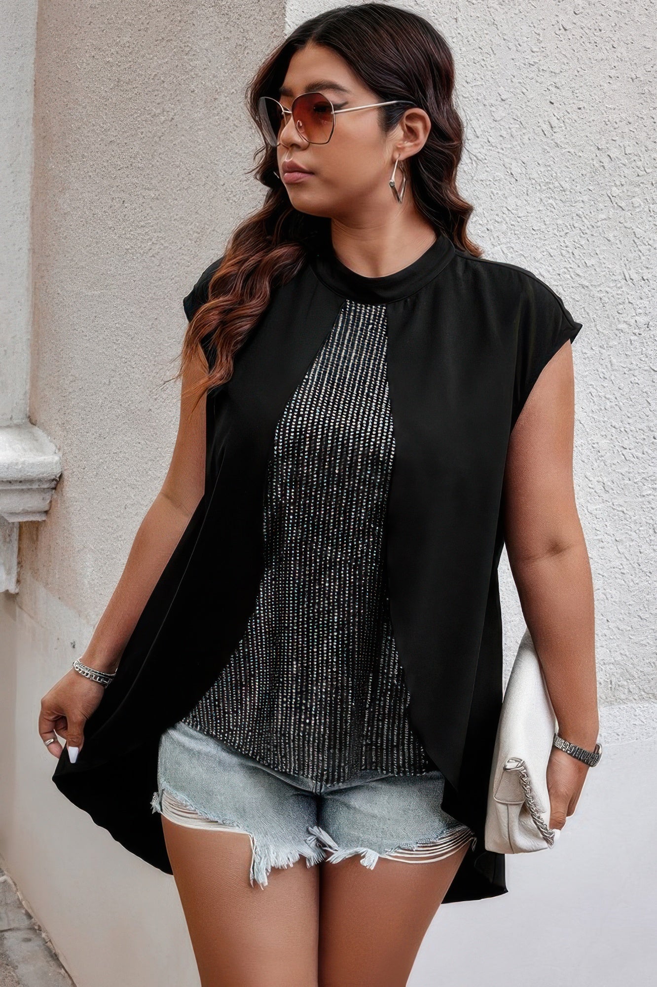 Plus Size Asymmetrical Hem Sparkly Patchwork Shirt