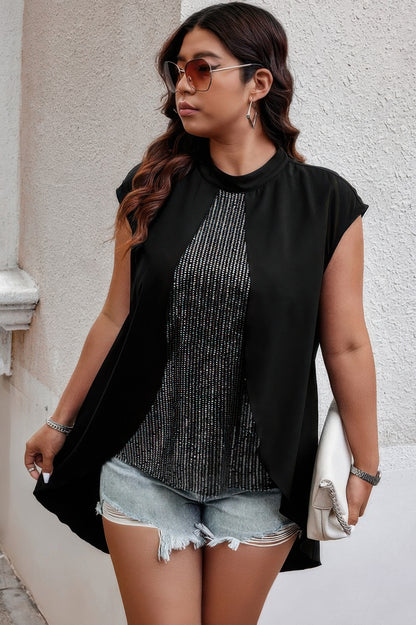Plus Size Asymmetrical Hem Sparkly Patchwork Shirt