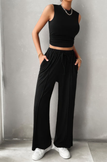 Solid Round Neck Sleeveless Drawstring Pockets Set