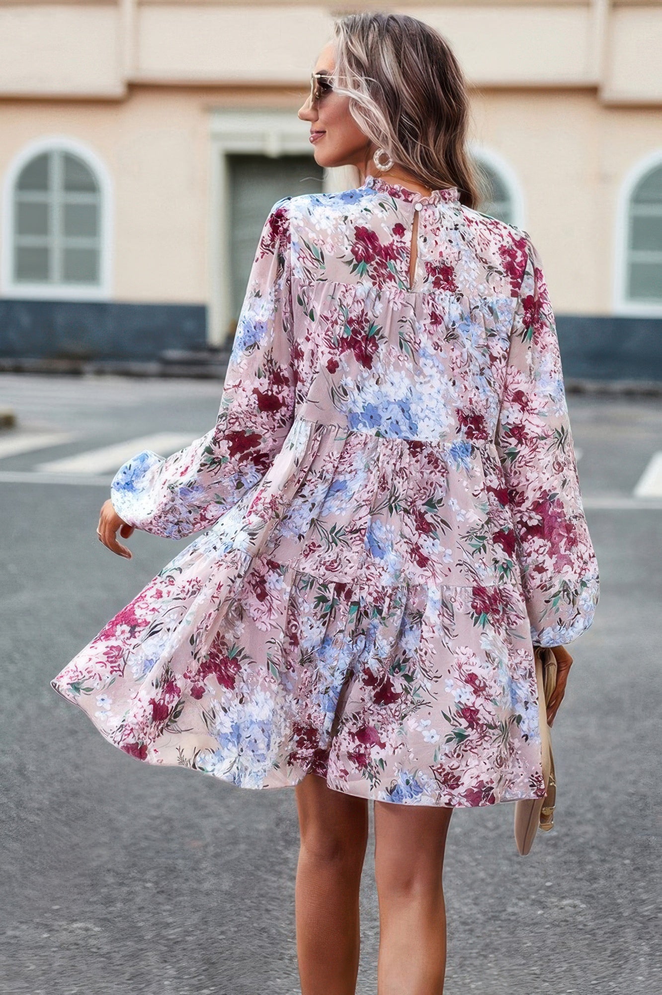 Floral Print Tiered Sleeve Ruffle Hem Smock Dress