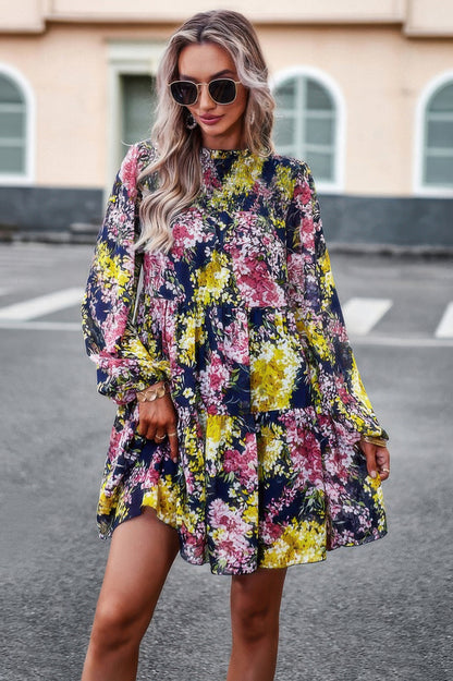 Floral Print Tiered Sleeve Ruffle Hem Smock Dress