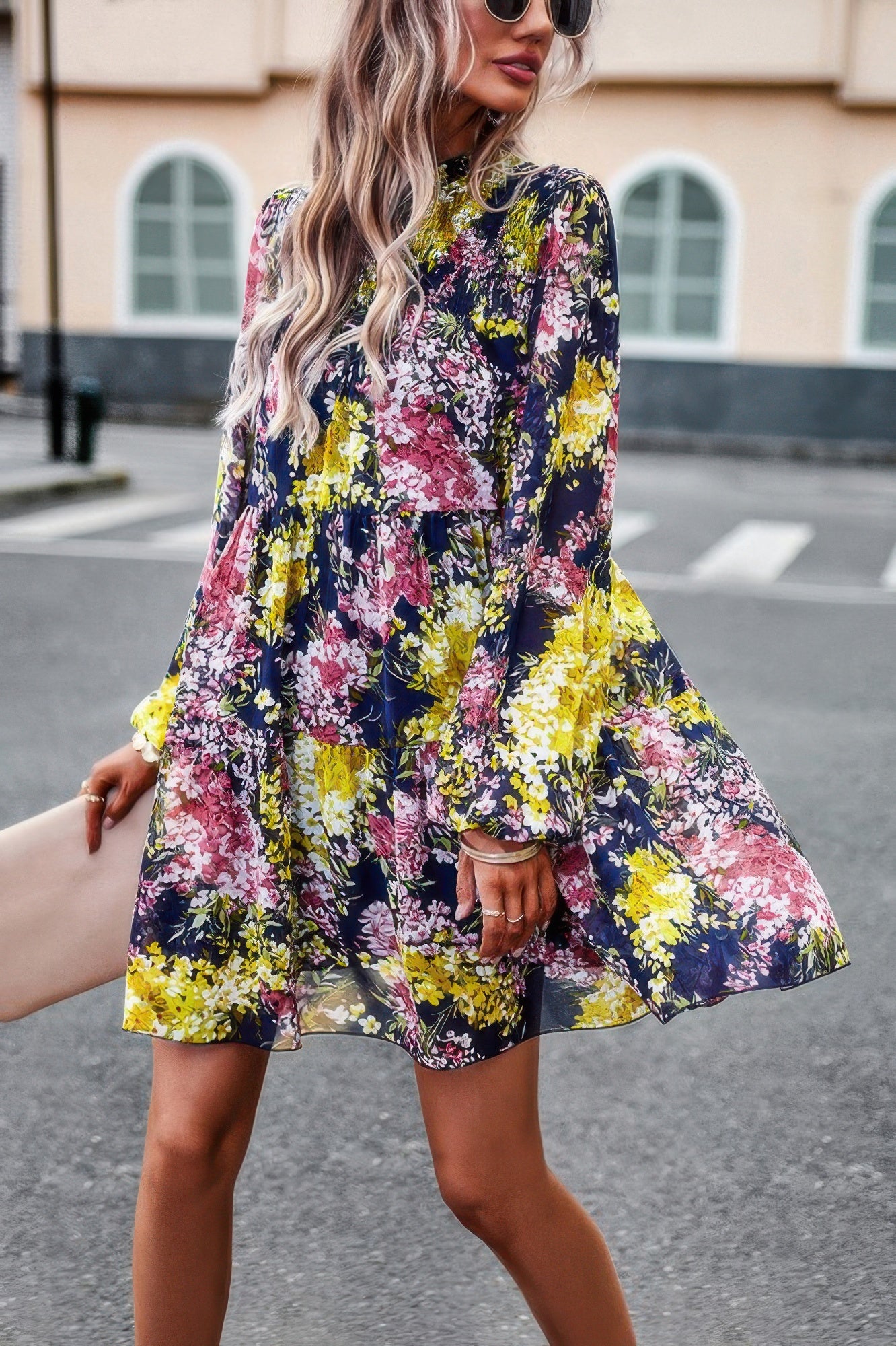 Floral Print Tiered Sleeve Ruffle Hem Smock Dress