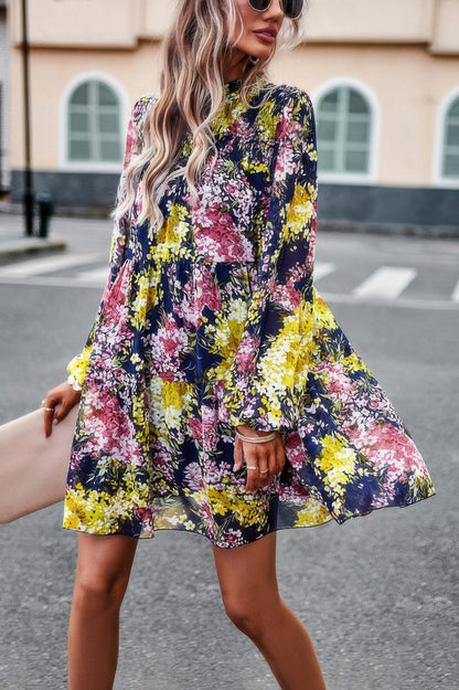 Floral Print Tiered Sleeve Ruffle Hem Smock Dress