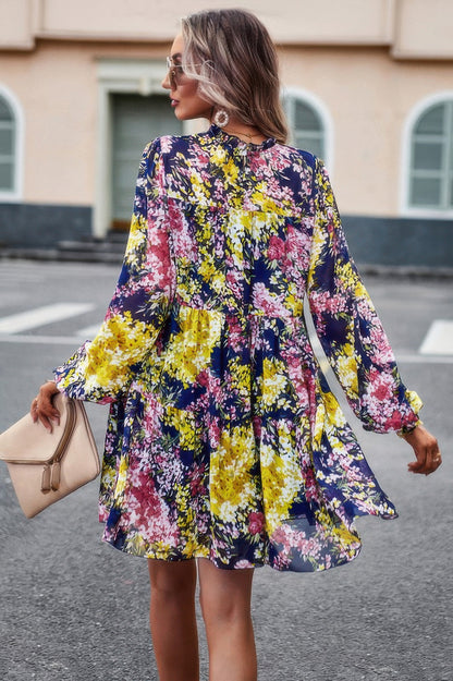 Floral Print Tiered Sleeve Ruffle Hem Smock Dress