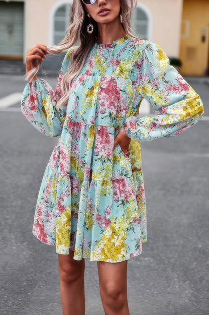 Floral Print Tiered Sleeve Ruffle Hem Smock Dress