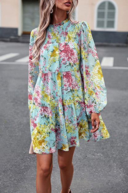 Floral Print Tiered Sleeve Ruffle Hem Smock Dress
