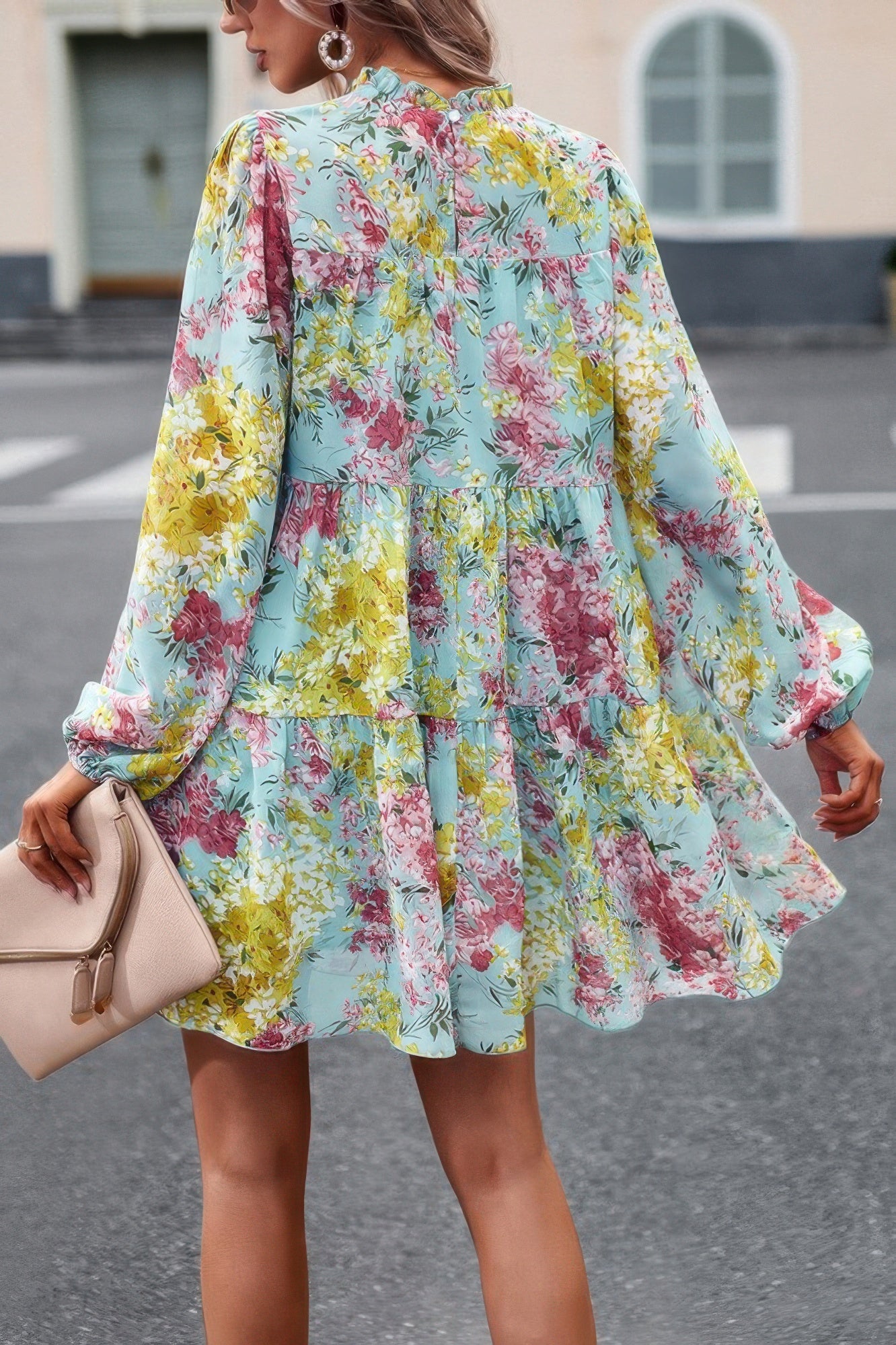 Floral Print Tiered Sleeve Ruffle Hem Smock Dress