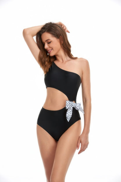 Solid One Shoulder Cut Out Waist Knot Swimsuit
