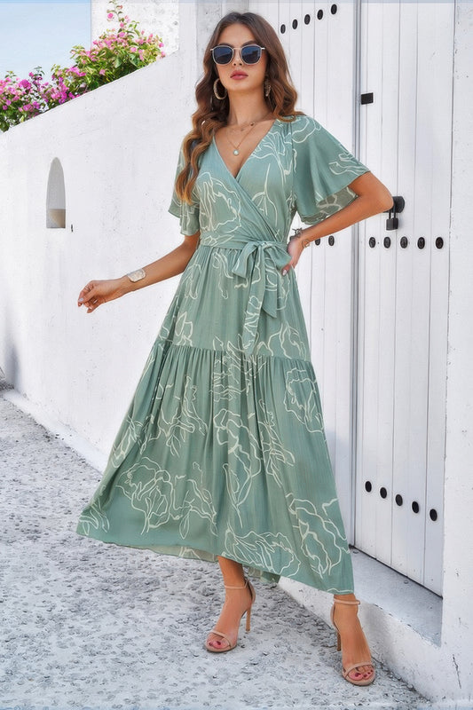 Allover Print V Neck Fit Belt A Line Long Dress
