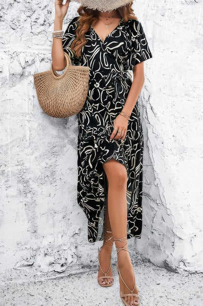 Allover Print V Neck Fit Belt A Line Long Dress