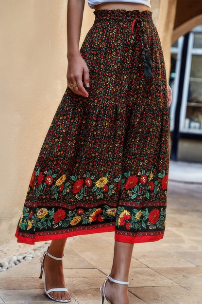 High Rise Drawstring Ruffled Maxi Skirt