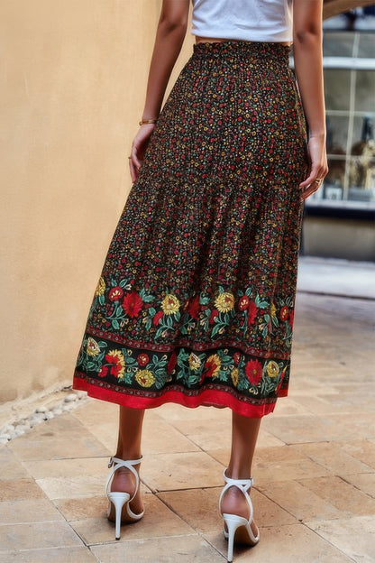 High Rise Drawstring Ruffled Maxi Skirt