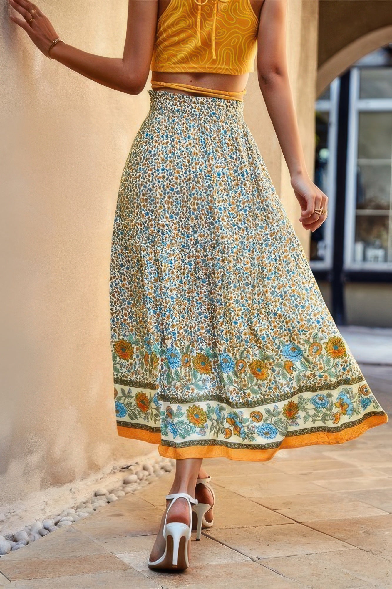High Rise Drawstring Ruffled Maxi Skirt