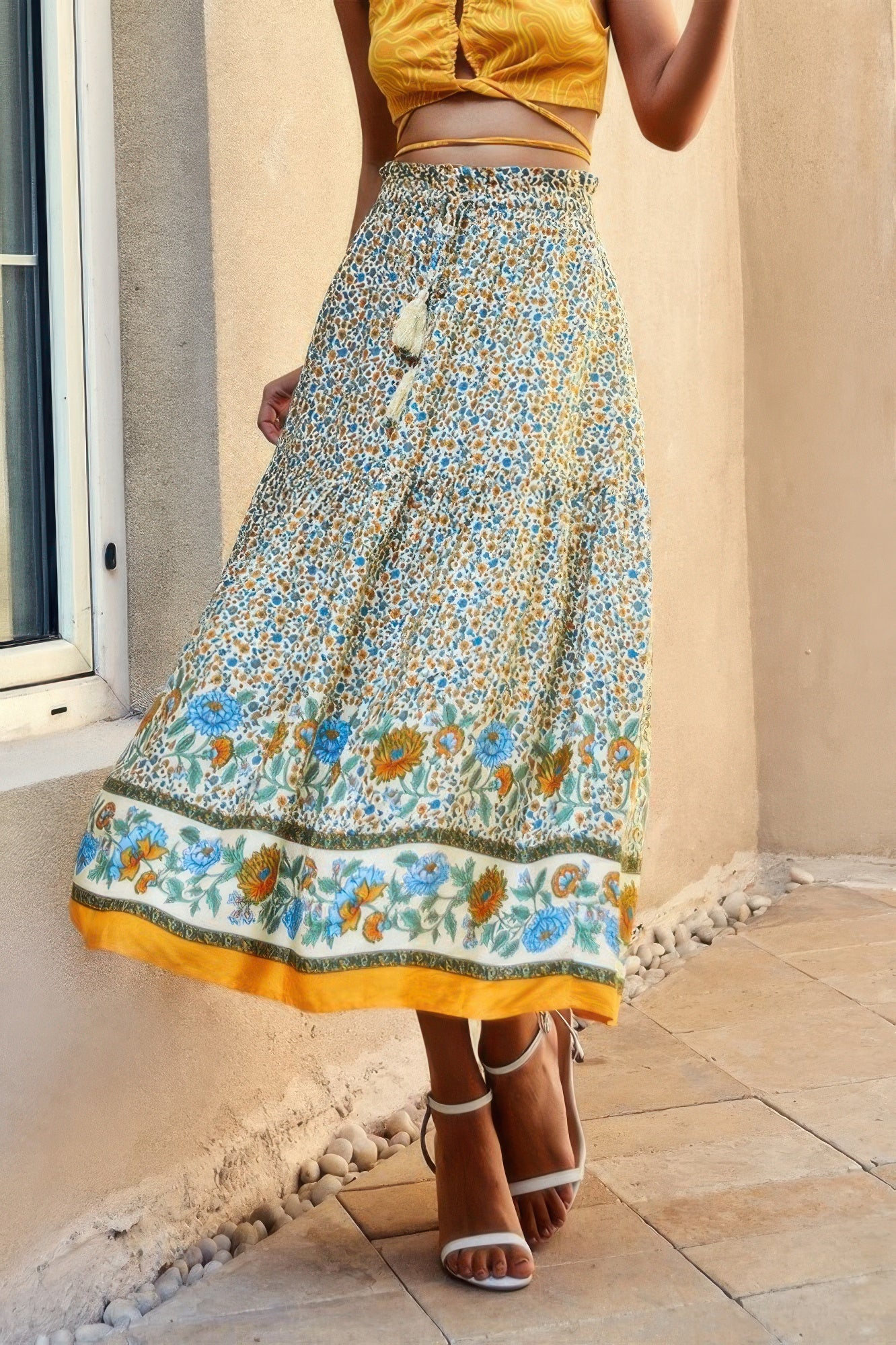 High Rise Drawstring Ruffled Maxi Skirt