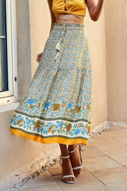 High Rise Drawstring Ruffled Maxi Skirt