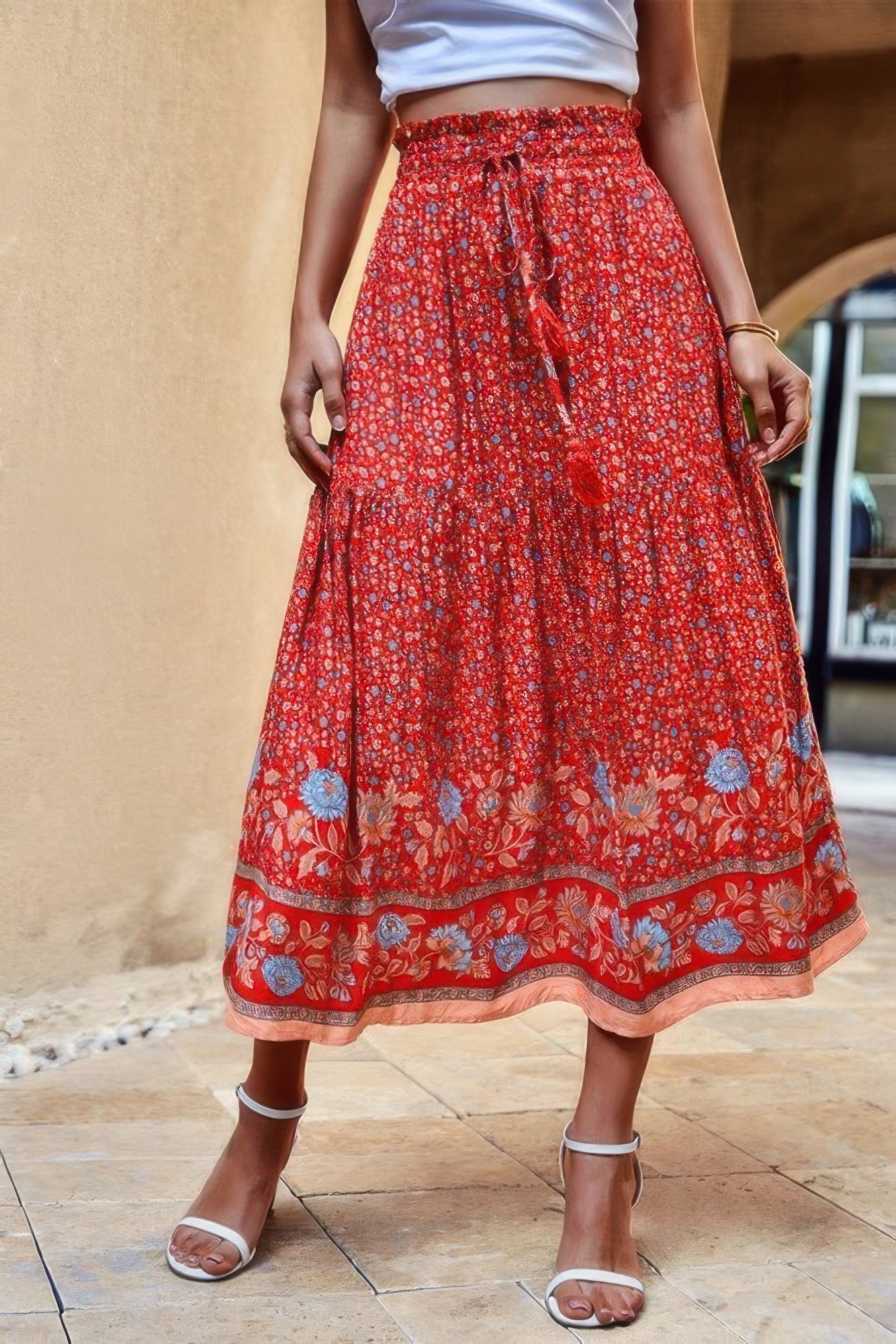 High Rise Drawstring Ruffled Maxi Skirt