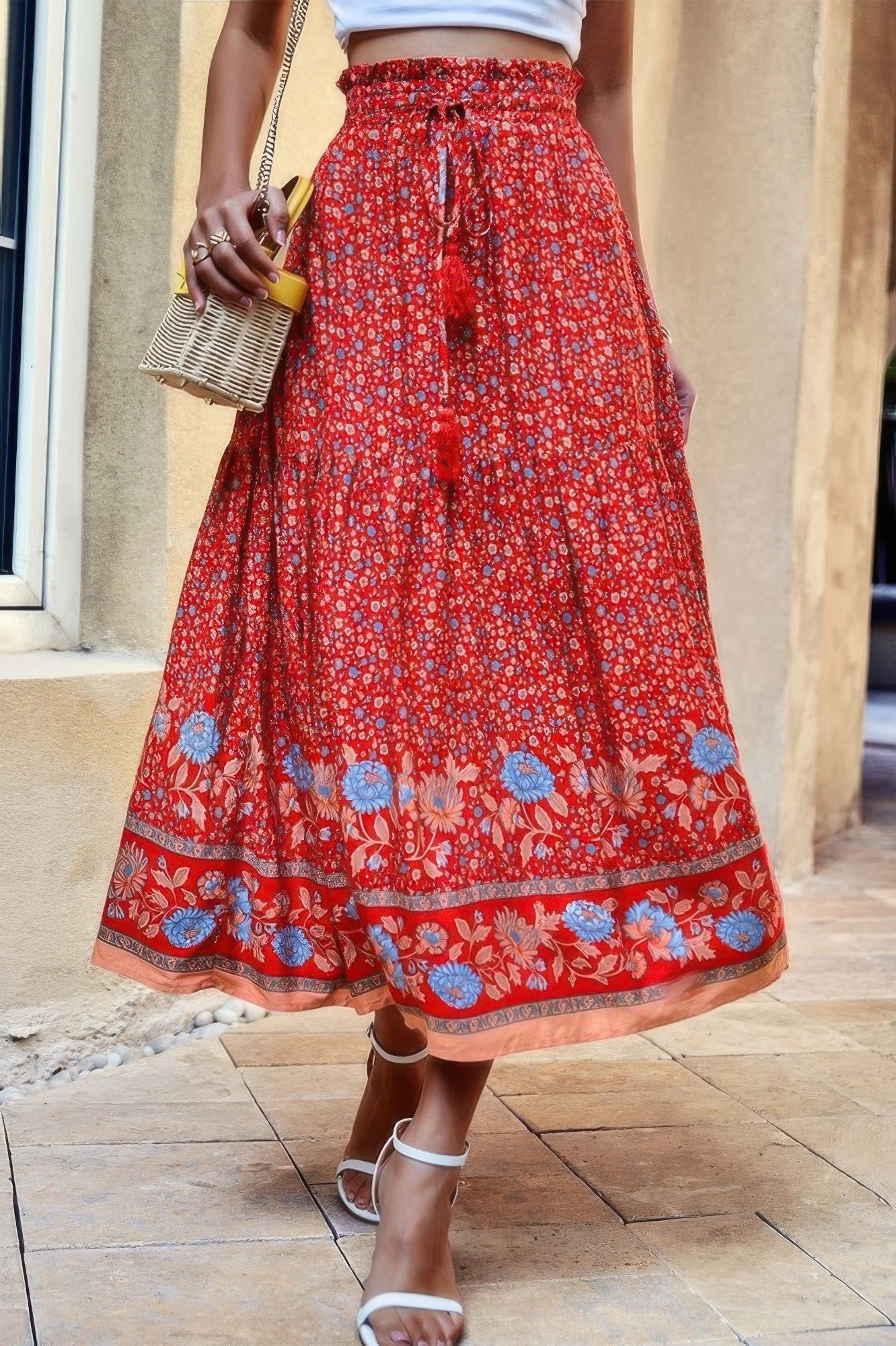 High Rise Drawstring Ruffled Maxi Skirt