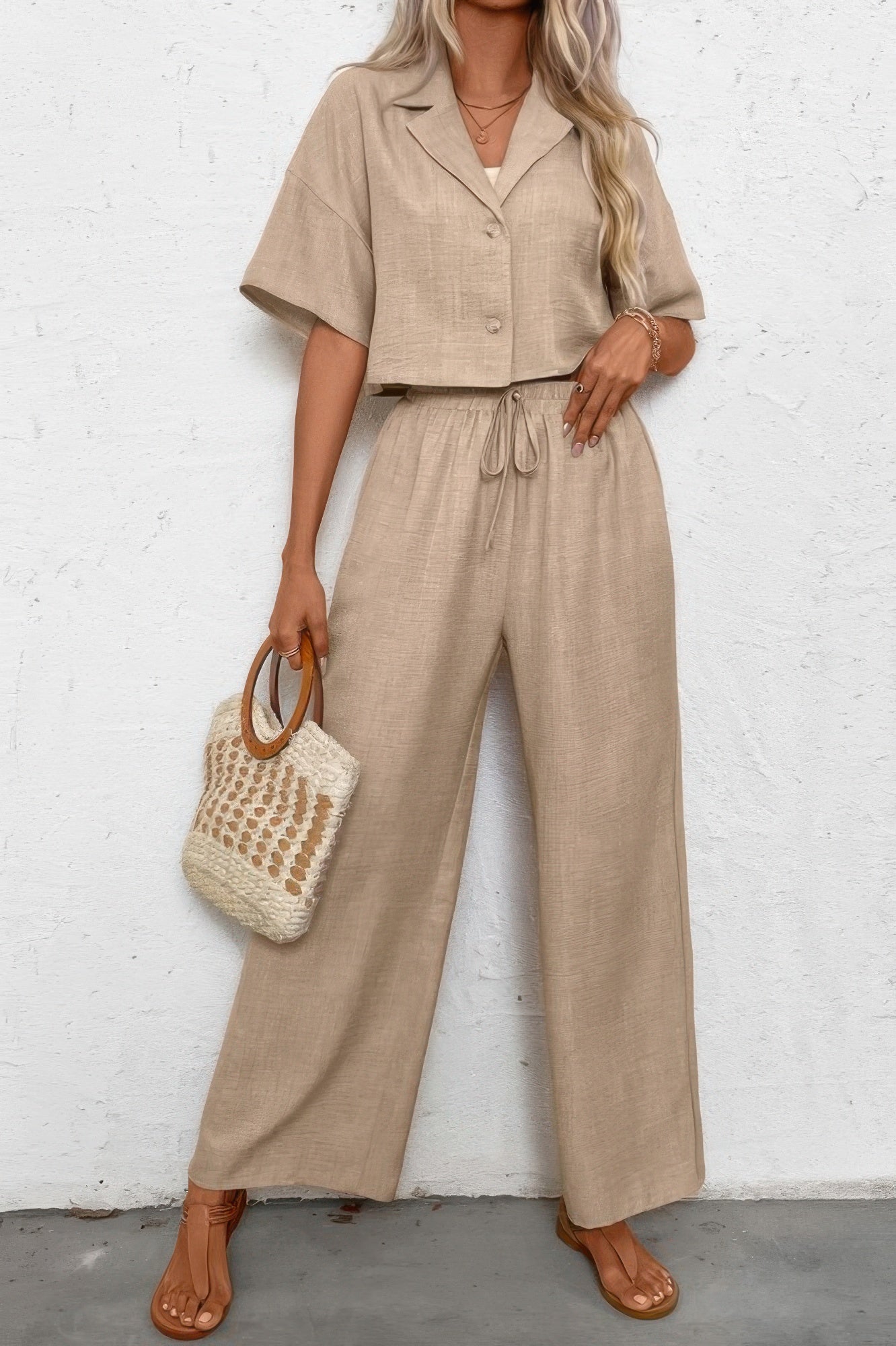 Drop Shoulder Tie Front Wide Leg Pant Set