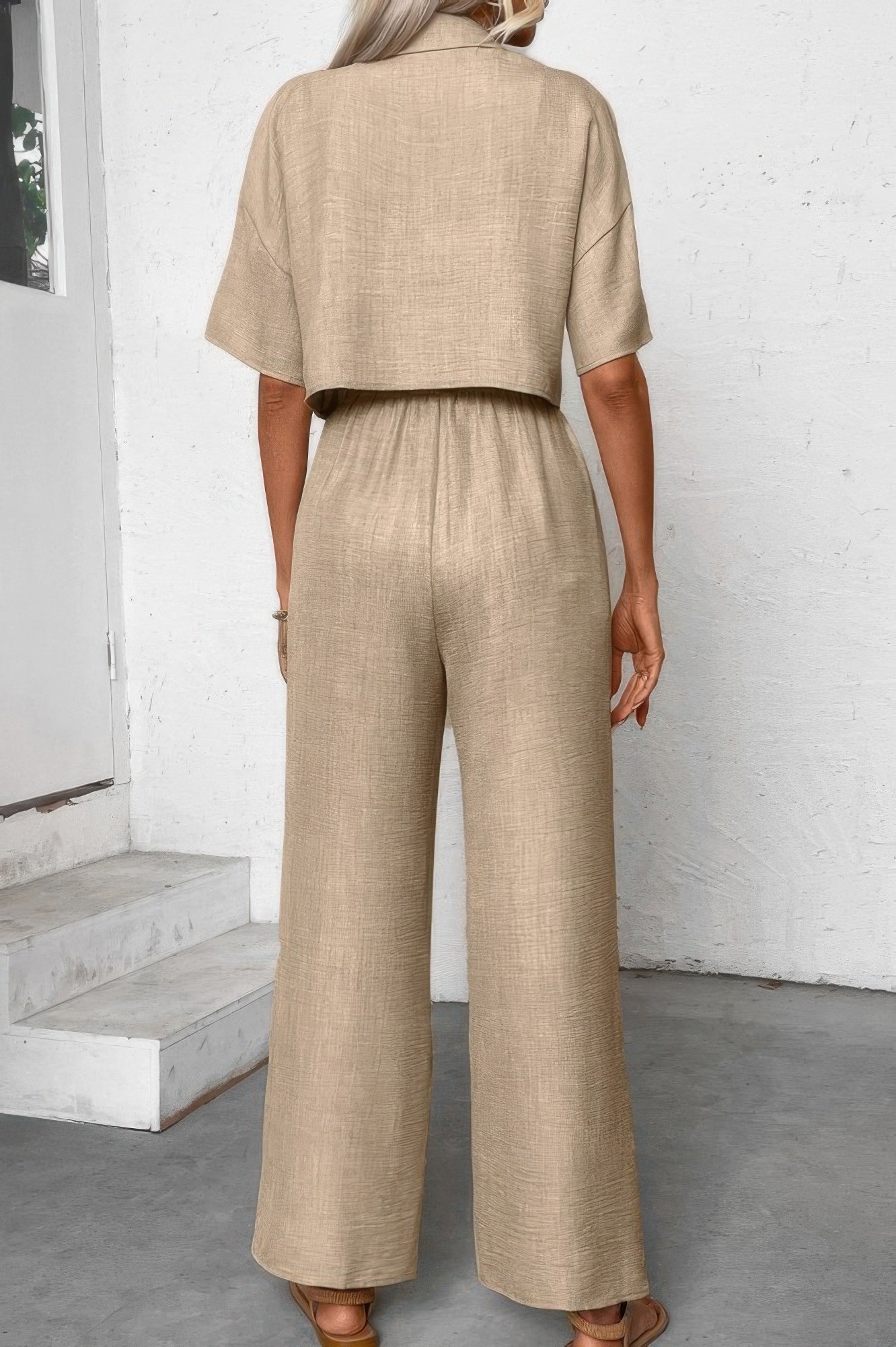 Drop Shoulder Tie Front Wide Leg Pant Set