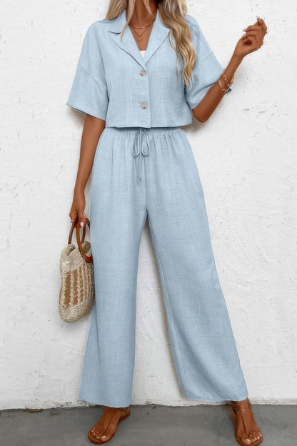 Drop Shoulder Tie Front Wide Leg Pant Set
