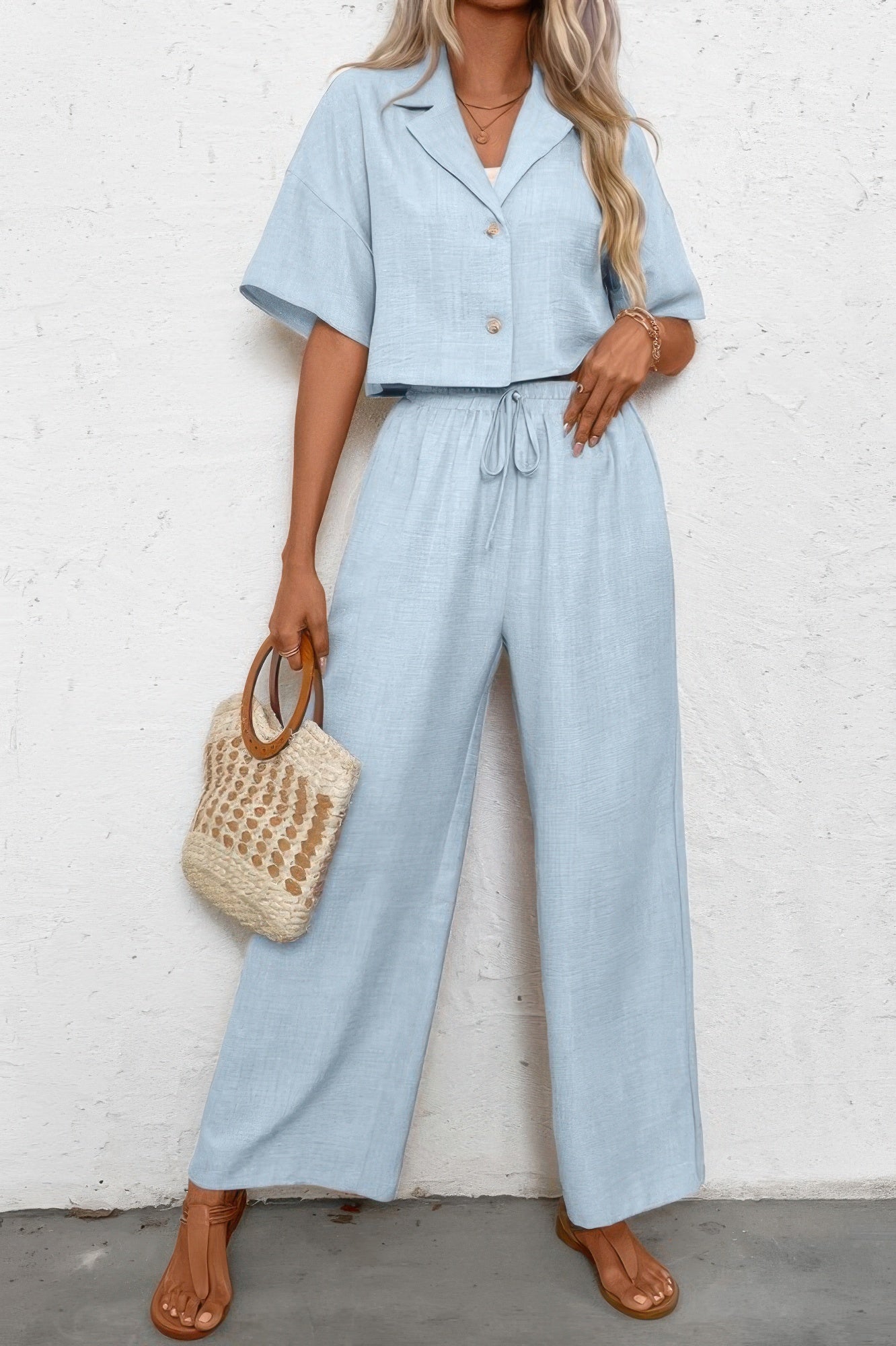 Drop Shoulder Tie Front Wide Leg Pant Set