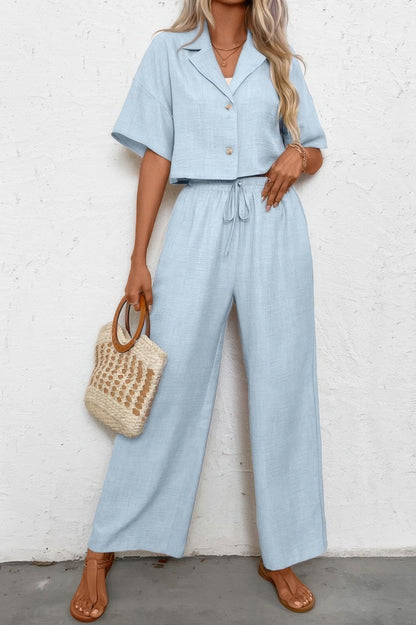Drop Shoulder Tie Front Wide Leg Pant Set