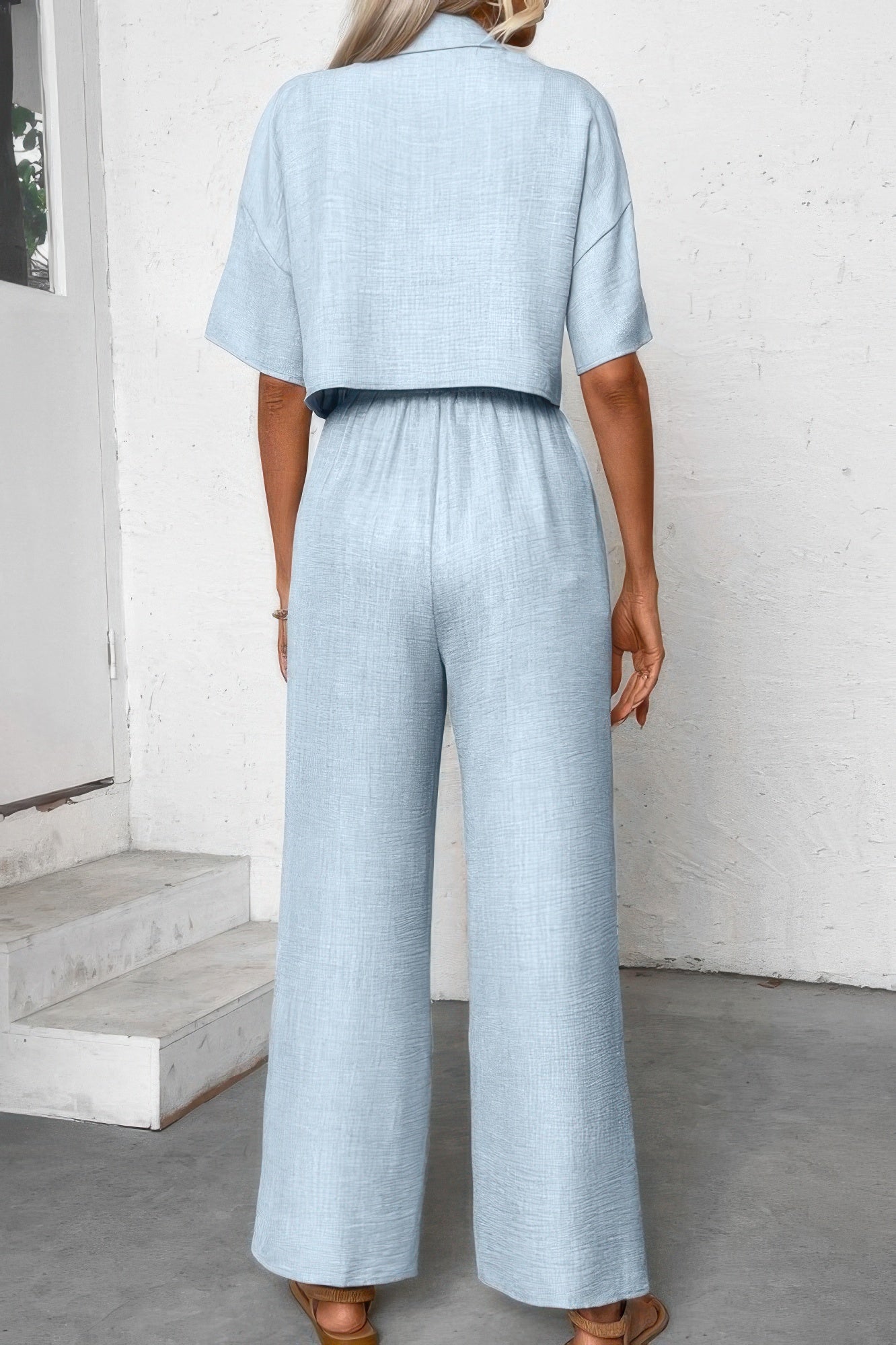 Drop Shoulder Tie Front Wide Leg Pant Set