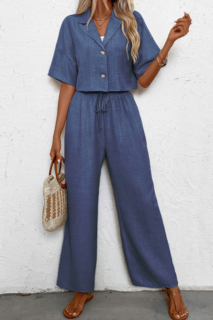 Drop Shoulder Tie Front Wide Leg Pant Set