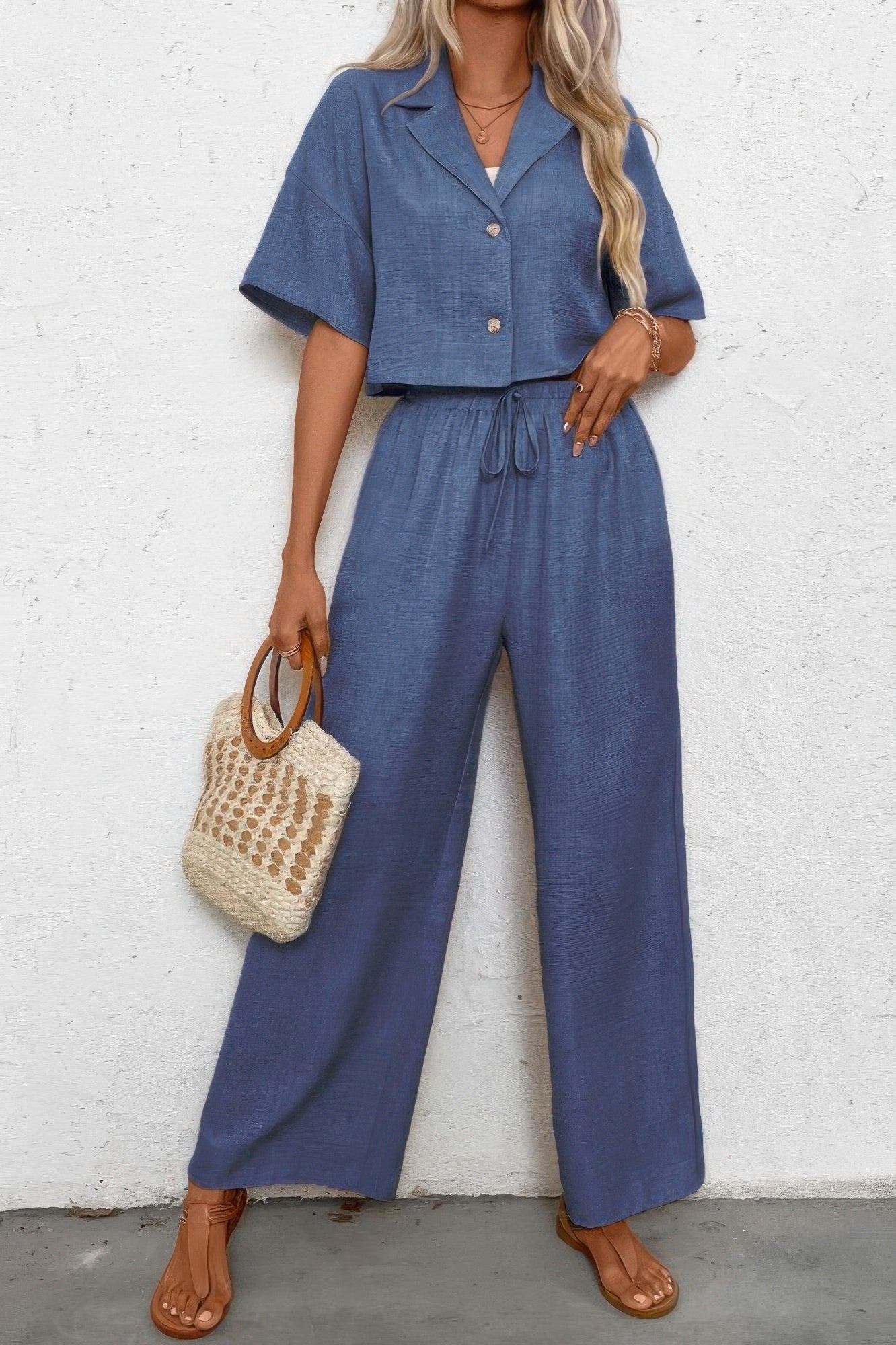 Drop Shoulder Tie Front Wide Leg Pant Set