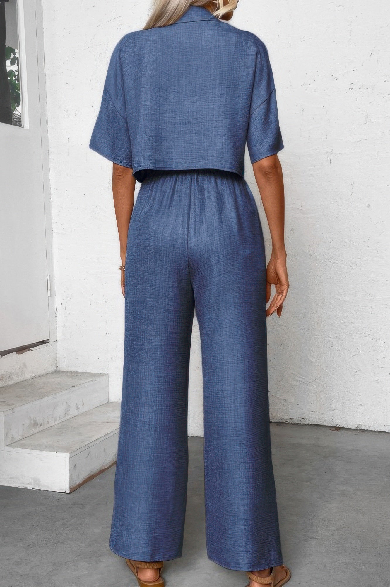 Drop Shoulder Tie Front Wide Leg Pant Set