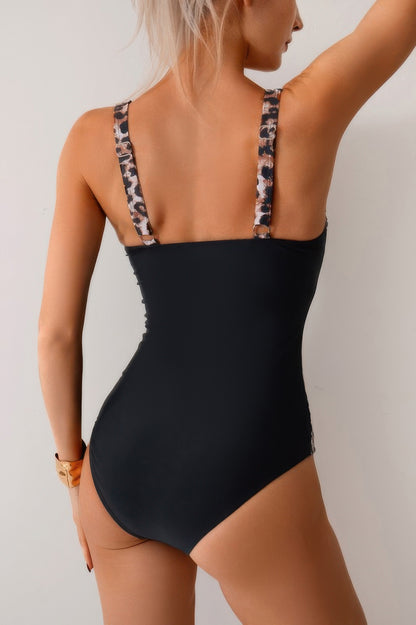 Print Colorblock Spliced Halter One Piece Swimsuit