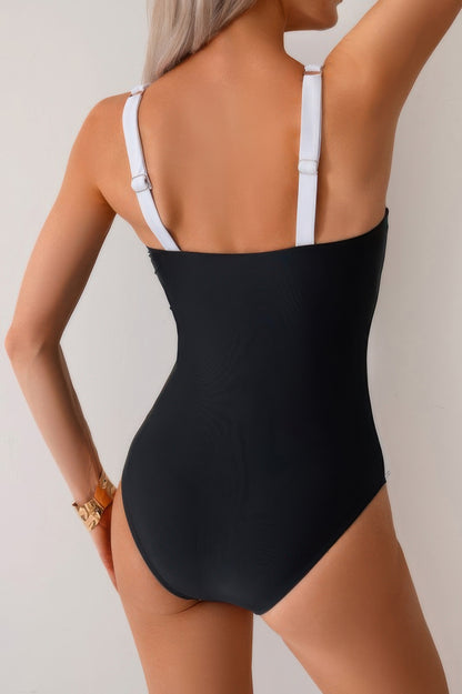 Print Colorblock Spliced Halter One Piece Swimsuit