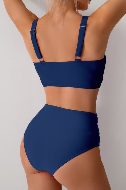Solid Ruched High Waist Cross Push Up Swimsuit