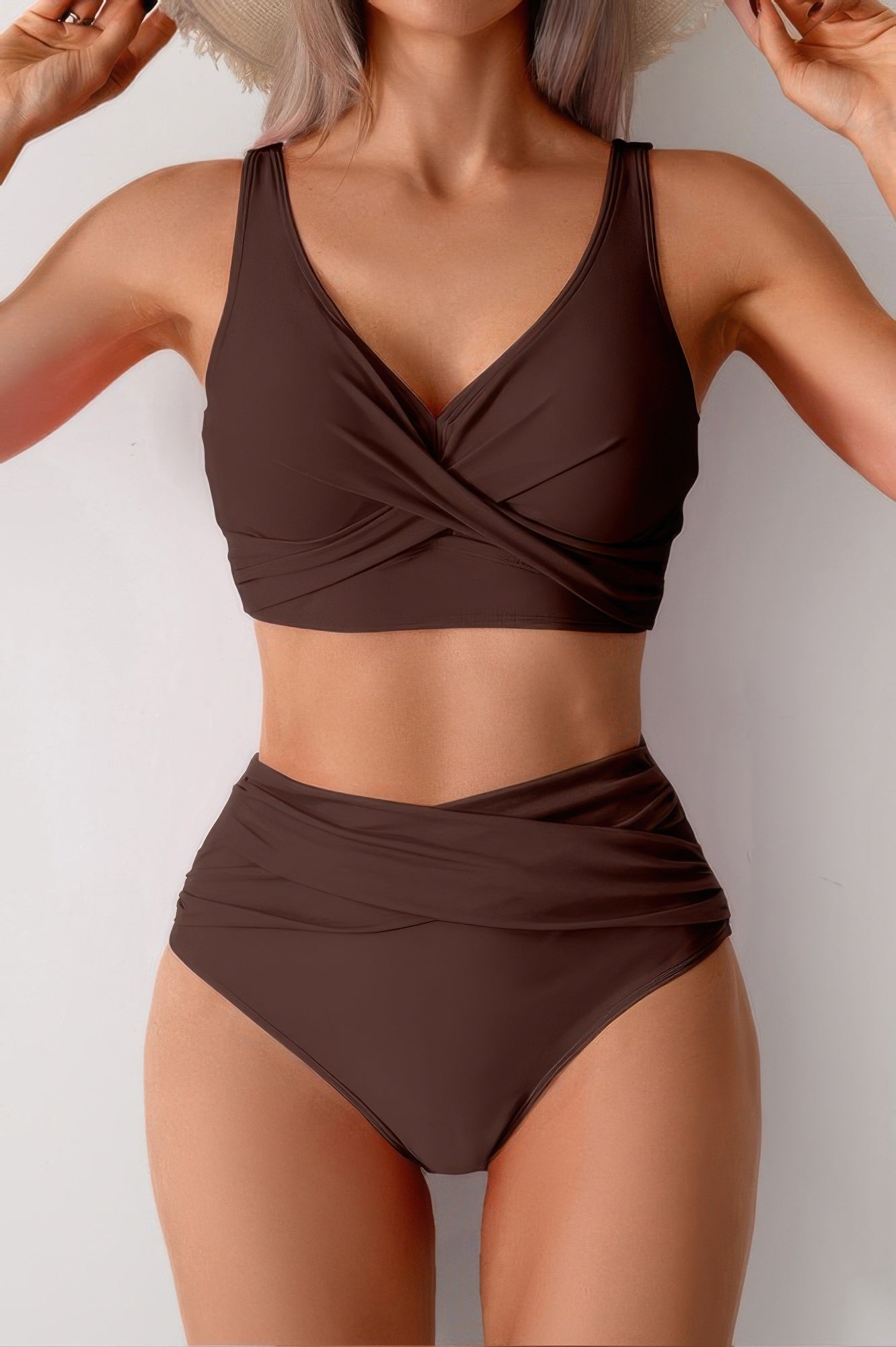 Solid Ruched High Waist Cross Push Up Swimsuit