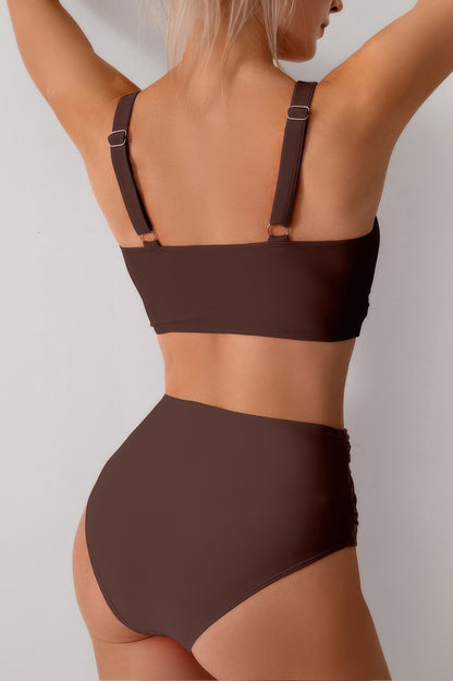Solid Ruched High Waist Cross Push Up Swimsuit