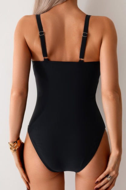 Solid One Piece Ruched Strappy V Neck Bikini