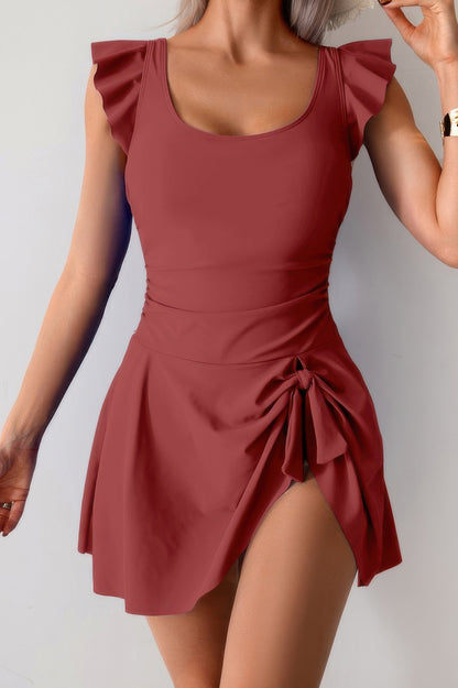 Solid Ruffle Knot Square Neck Fit Swim Dresses