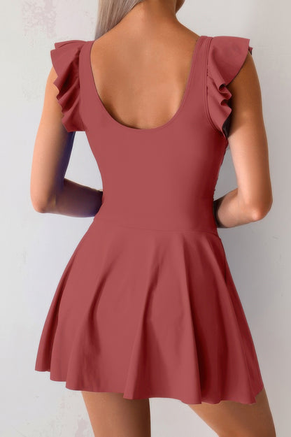 Solid Ruffle Knot Square Neck Fit Swim Dresses