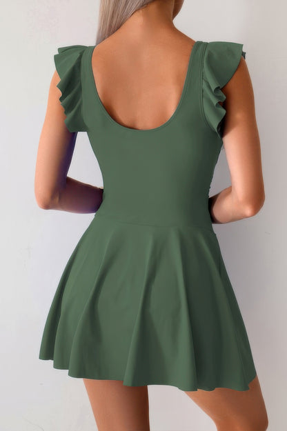 Solid Ruffle Knot Square Neck Fit Swim Dresses