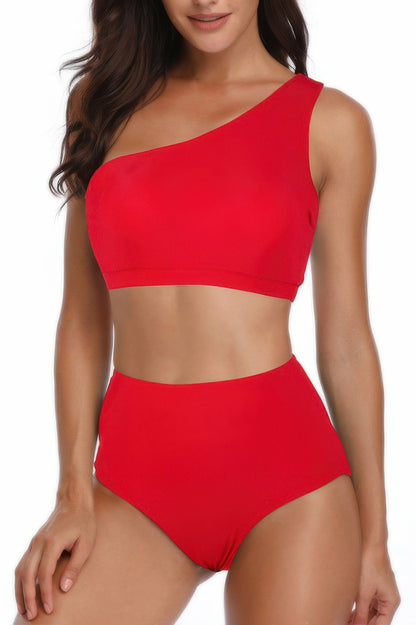 Solid Two Pieces One Shoulder High Cut Swimsuit