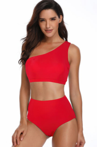 Solid Two Pieces One Shoulder High Cut Swimsuit