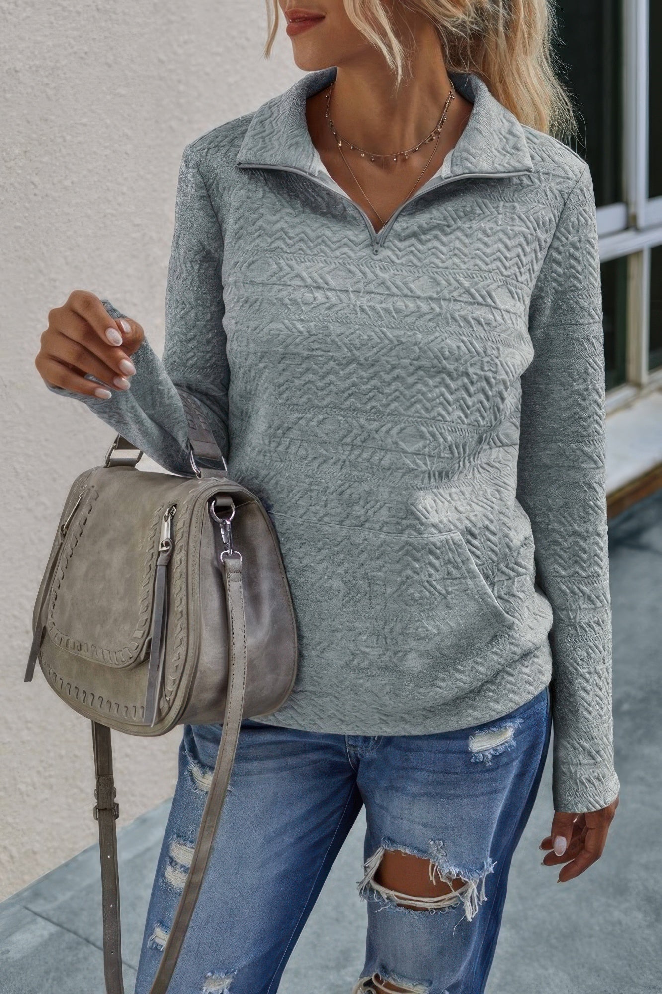 Half Zip Textured Solid Long Sleeve Pullover