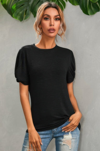 Solid Round Neck Puff Sleeve T-shirt